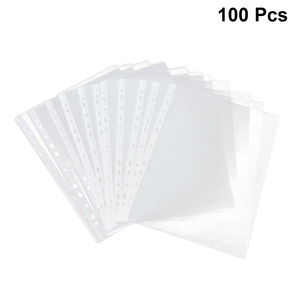 100pcs A4 File Document Folder Clear Sheet Protectors Punched 11-Hole Pocket Binder Sleeves, Size: 30x23x0.10cm